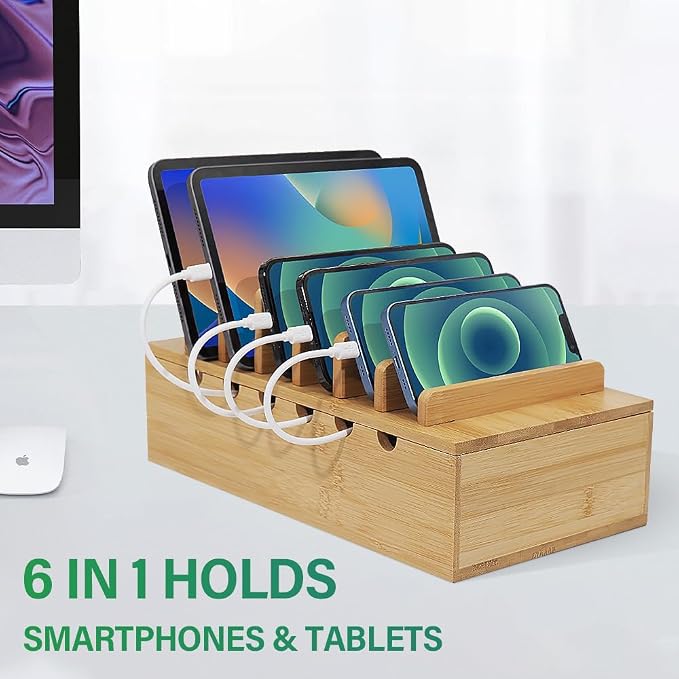 Bamboo Charging Station for Multiple Devices, Desk Docking Stations Organizer - Image 2