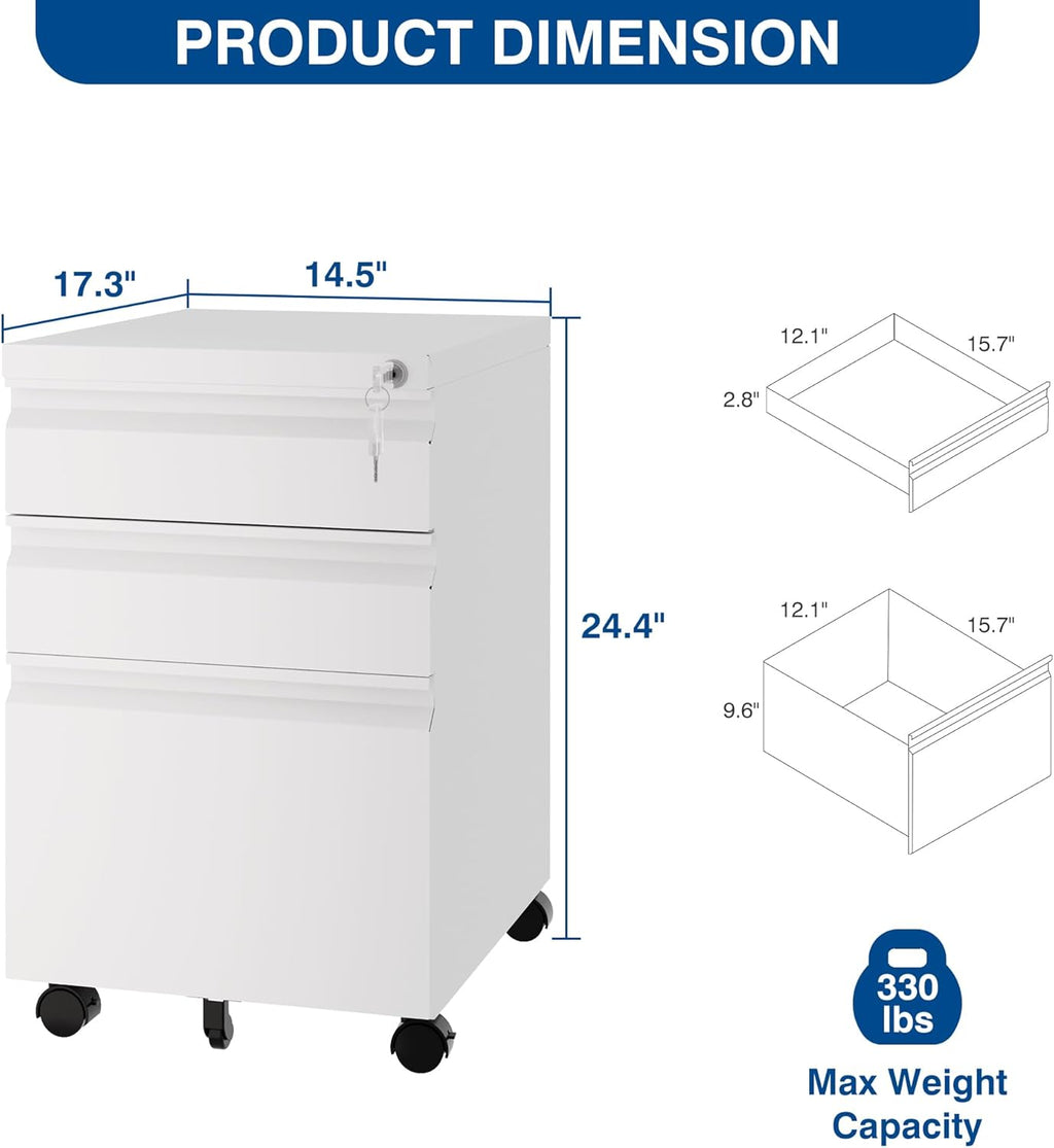 3 Drawer Mobile Metal File Cabinet, White Filling Cabinets with Lock