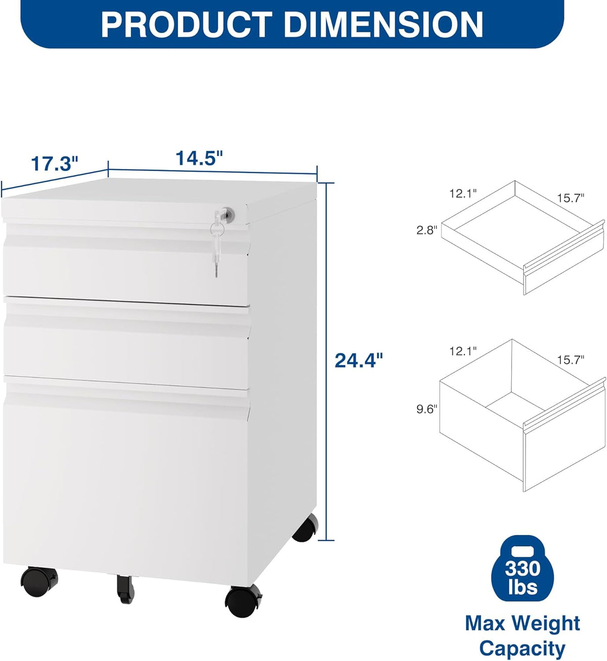 3 Drawer Mobile Metal File Cabinet, White Filling Cabinets with Lock