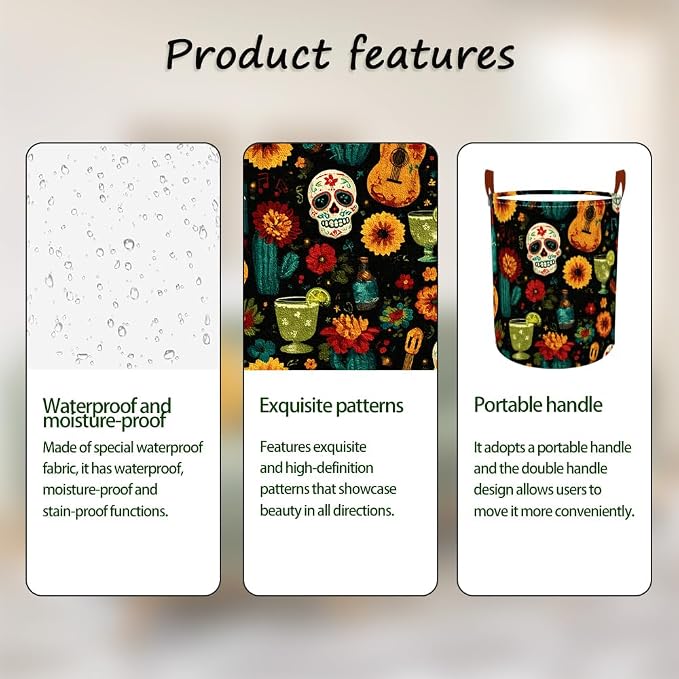 Laundry Baskets 15.7x19.7 Inch Day of the Dead Skull Guitar Cocktail Design - Image 2
