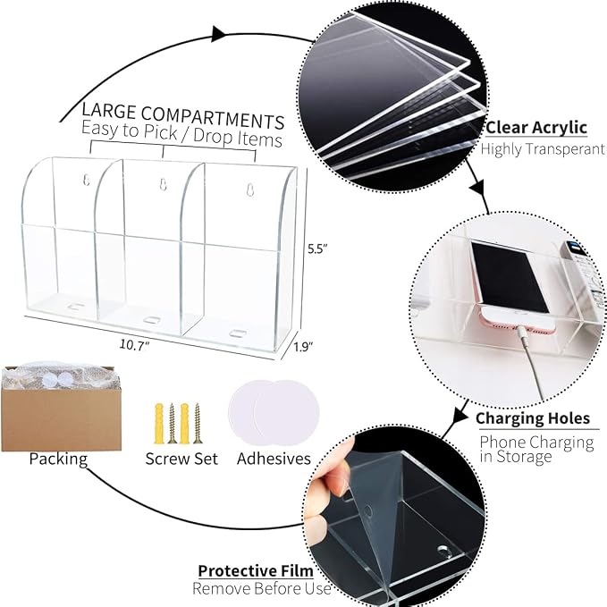 Large Acrylic 3-Slot Wall Mounted Smart Phone Charging Holder Station Clear - Image 3