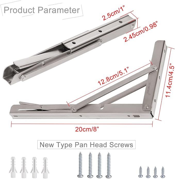 YUMORE Folding Shelf Brackets 8", Max Load: 300lb Heavy Duty Stainless Steel - Image 5