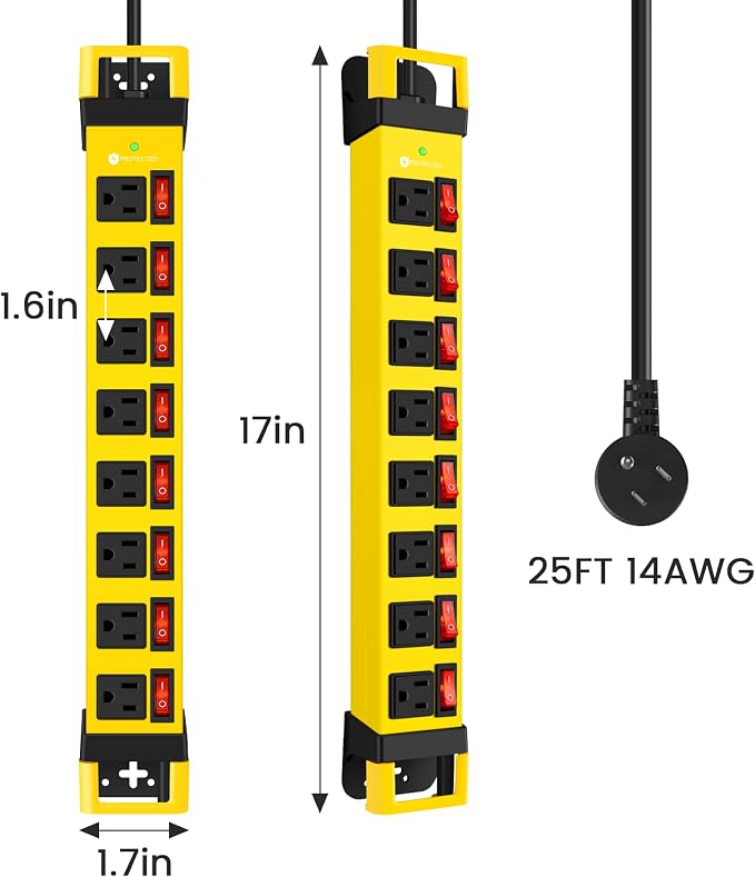 Heavy Duty Power Strip with Individual Switches, 8 Outlets 14 Gauge Industrial - Image 7
