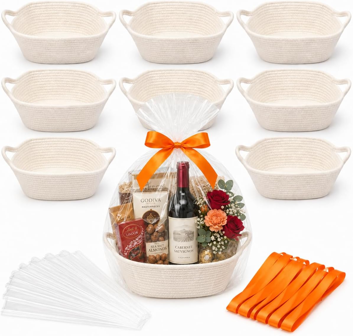 9Pcs Baskets for Gifts Empty with Gift Bags and Ribbons, Small Cute