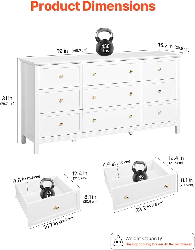 VEVOR 9 Drawer Dresser, Wooden Chest of Drawers - Image 3