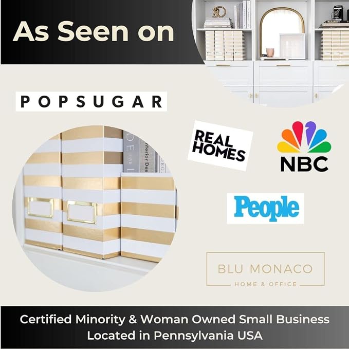 BLU MONACO Set of 4 Gold & White Striped Magazine File Boxes | Foldable - Image 3