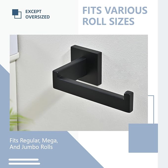 3PCS Bathroom Hardware Set, Matte Black Toilet Paper Holder, 2 Square Towel - Image 5
