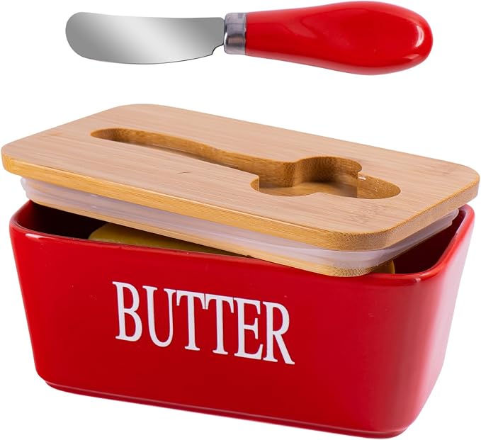 Red Butter Dish with Lid for Countertop, Large Ceramic Covered Butter Stick by QIANCHANG