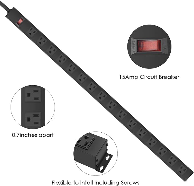 HHSOET 16-Outlet Metal Wall Mount Power Strip, 15 ft 14AWG Power Cord, 15A 125V - Image 3