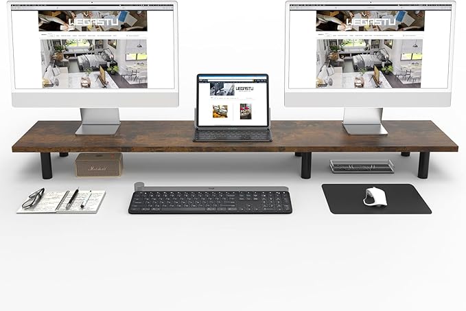 Large Dual Monitor Stand Riser 43.3IN，Vintage Home Office Storage by WEGASTU