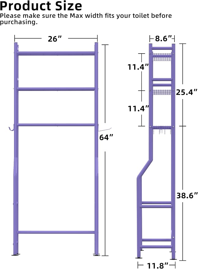 3-Tier Over The Toilet Storage, Freestanding Metal Bathroom Shelves - Image 3