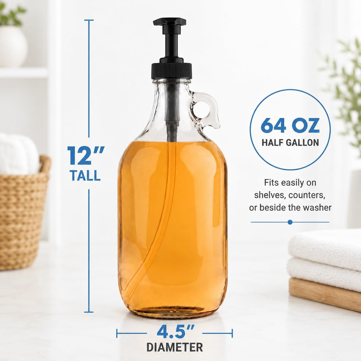 kitchentoolz Glass Laundry Detergent Dispenser with Black Pump, 64 oz