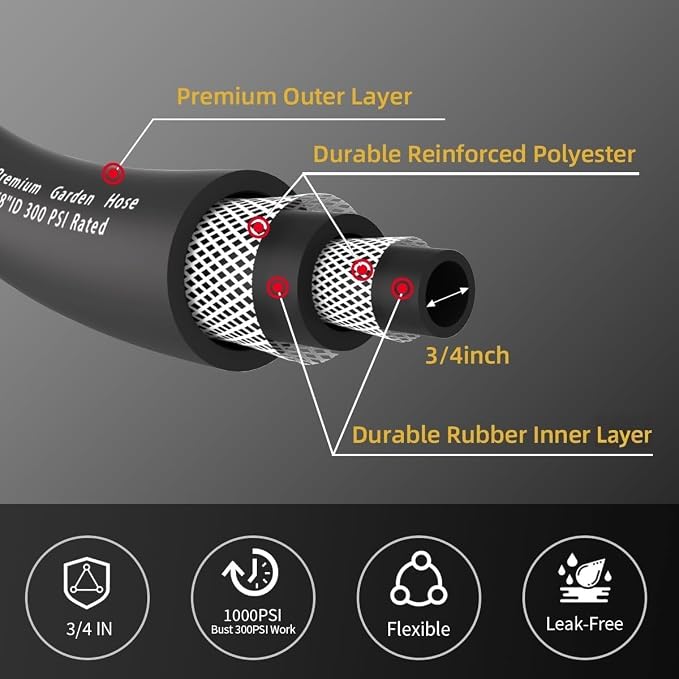 WiseFlow Garden Hose 90FT x 3/4", Heavy Duty Rubber Hose, Water Hose - Image 3