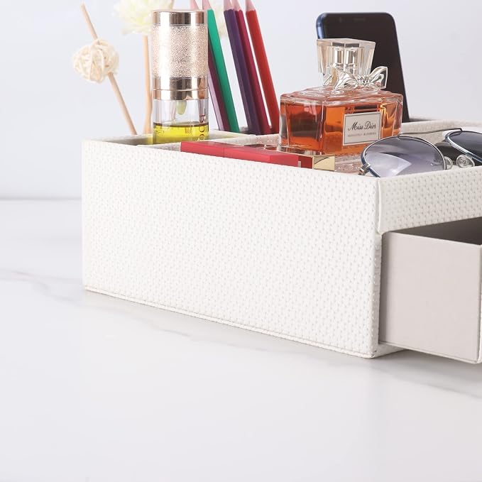 Leather Desk Organizer With Drawers, Home Cosmetics & Phone Remote Organizer - Image 4