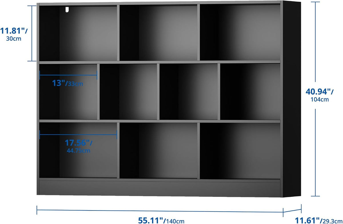 Black Bookshelf, 3-Tier Open Shelf Bookcase, 10 Cube Storage Organizer