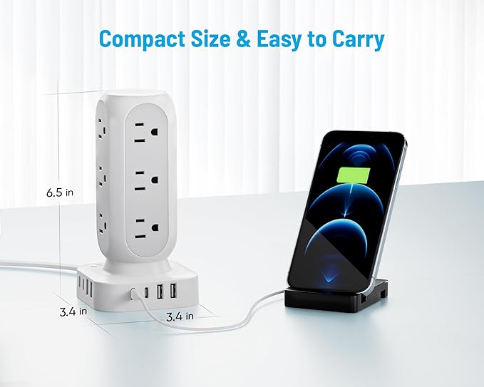 Tower Power Strip with Surge Protection, Flat Plug Outlet Extender with 12 AC - Image 6