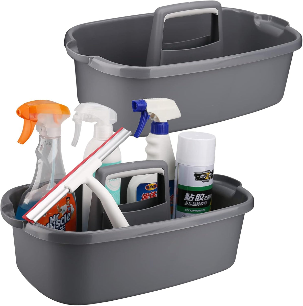 Cleaning Caddy Organizer with Handle, Gray Plastic Bucket for Cleaning