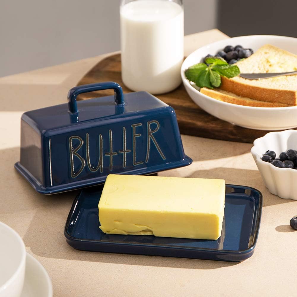 Sweejar Ceramic Butter Dish with Handle Lid, 7.3 Inch Porcelain Large
