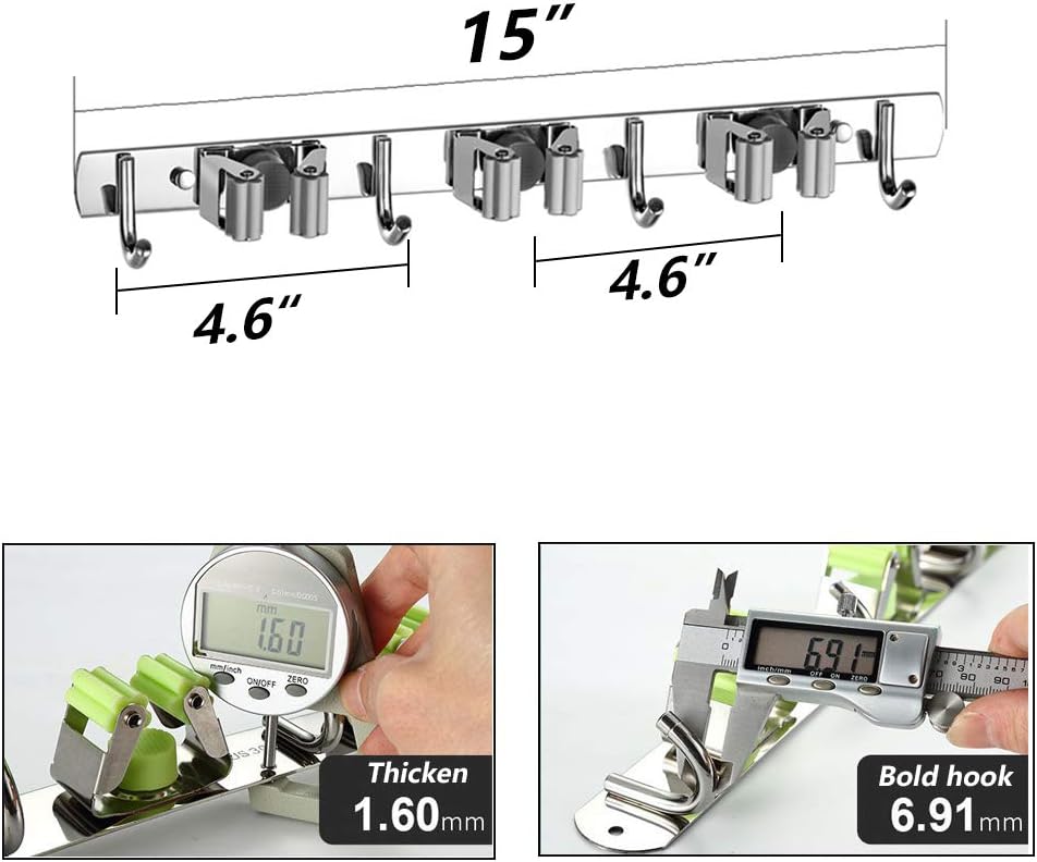 4 PCS Broom Holder Wall Mount with 3 Racks 4 Hooks, Stainless Steel