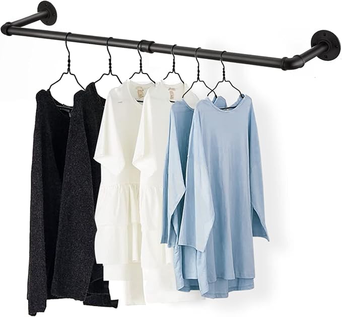 36” Wall Mounted Clothes Rack, Industrial Pipe Black Iron Garment Bar, - Image 8