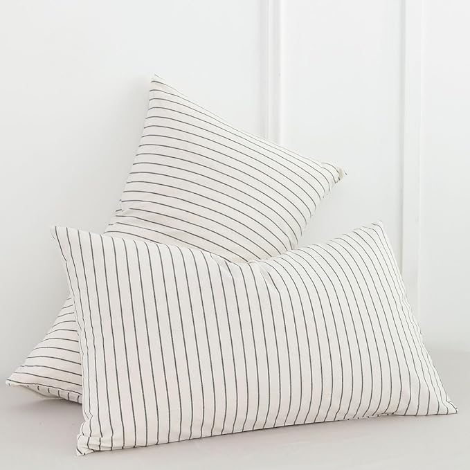 MooMee Bedding Pillowcases Striped Pack of 2 100% Washed Cotton Linen Like - Image 3