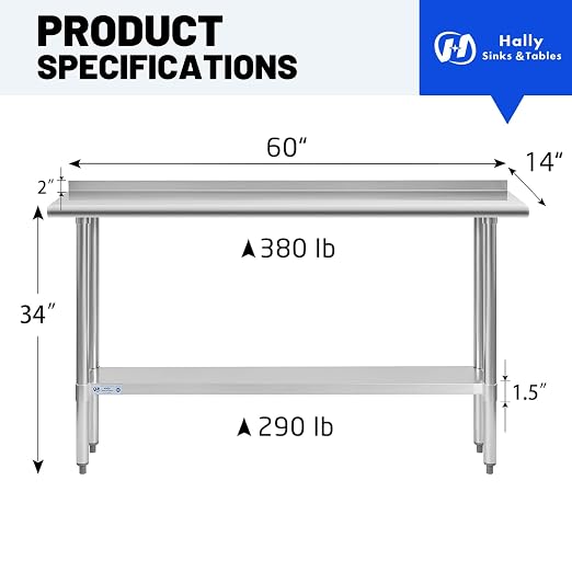 Hally Stainless Steel Table for Prep & Work 14 x 60 Inches, NSF Commercial - Image 3
