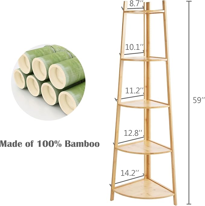 Bamboo Corner Shelf Stand for Display, 5-Tier Shelf for Organize - Image 3