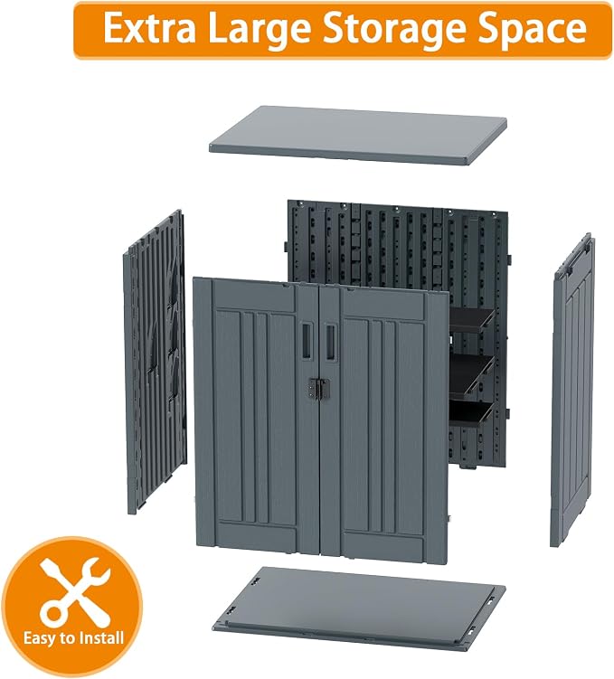 Outdoor Storage Cabinet with 2 Shelves, Waterproof Resin Horizontal Tool Shed - Image 7