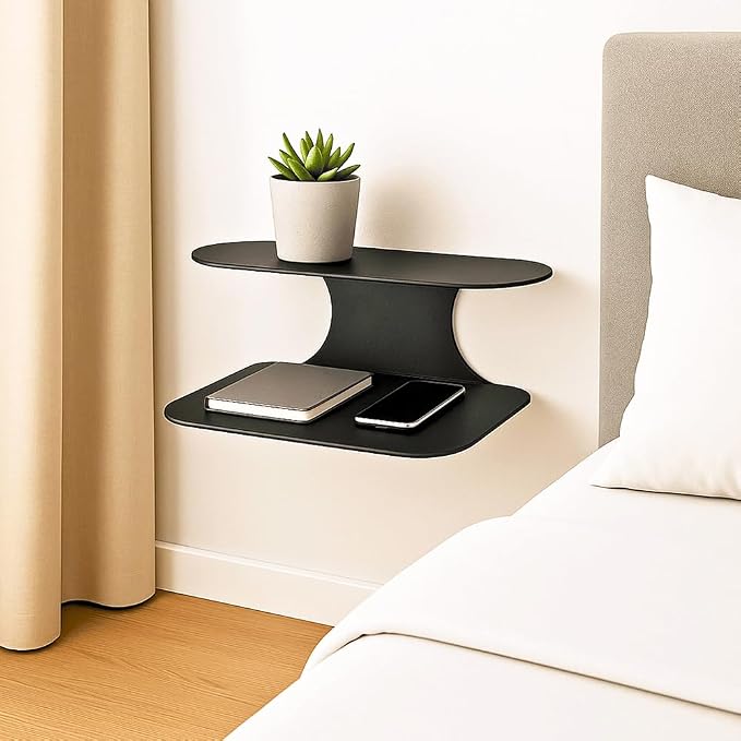Simple Metal Floating Nightstands Set of 2, Wall Mounted Black Bedside Shelf - Image 3