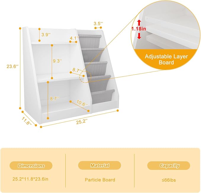 White Kids Bookshelf Wood Toy Storage Organizer Cabinet Children Bookcase - Image 3