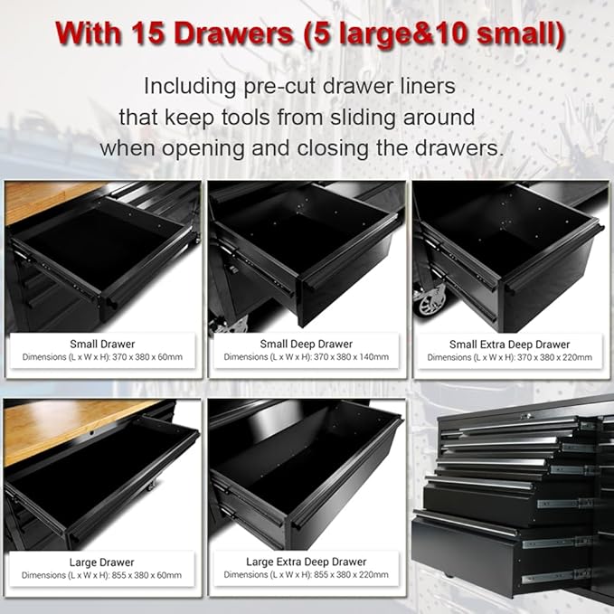 72" Rolling Tool Chest with 15 Drawers, Lockable Storage Cabinet, Assembled - Image 4