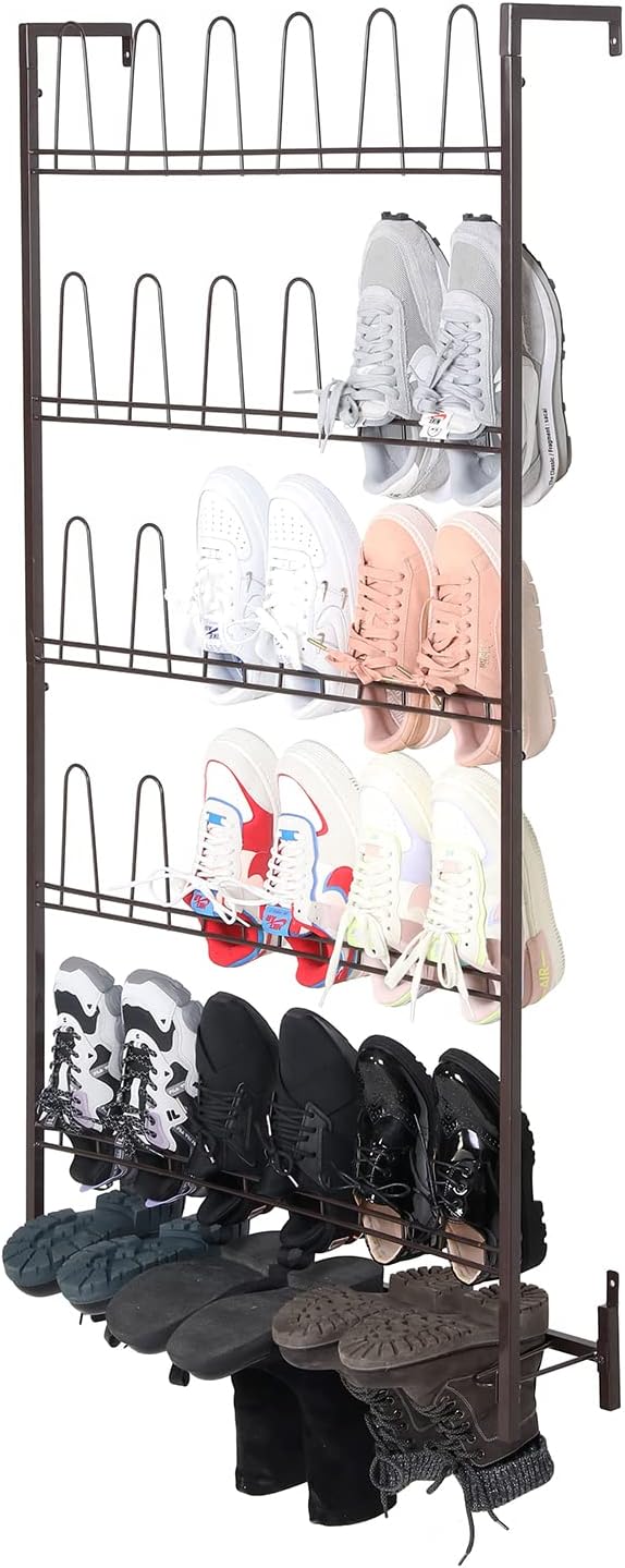 MyGift 5-Tier Wall Mounted Dark Brown Metal 18 Pair Boot and Shoe Storage Rack - Image 4