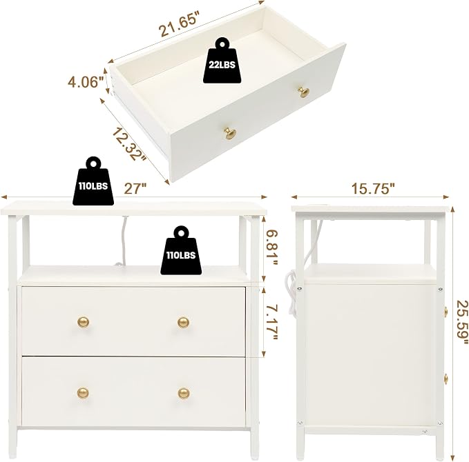 27 inch Wide Night Stand with Charging Station, Bedside Table with Open Shelf - Image 3
