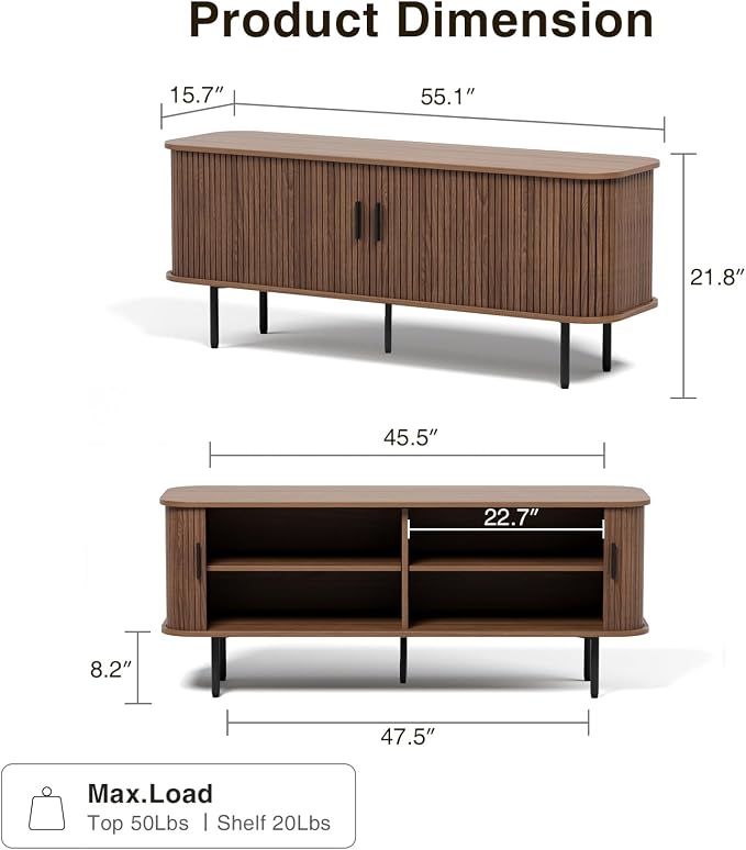 55''W Walnut Cabinet with Storage, Media Console, Tambour TV Stand, Television - Image 2