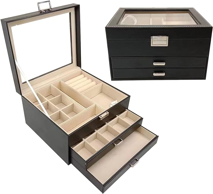 BOOVO Clear Lid Jewelry Box, 3 Layers Jewelry Organizer Large Multi-Functional - Image 5