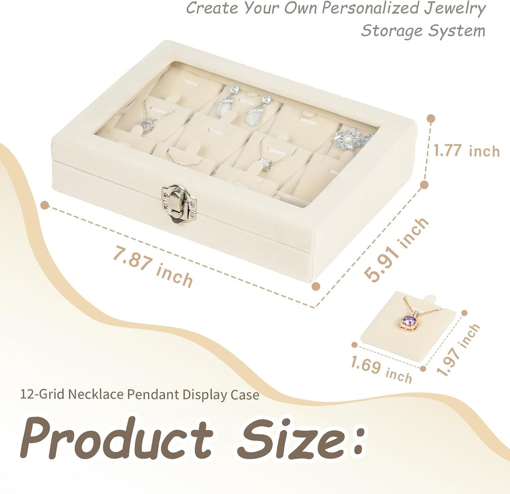 Jewelry Box Necklaces Organizer Beige 12 Slots, Pendants Display for