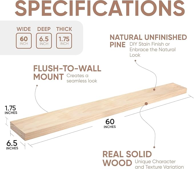 Homeforia 60 inch Wood Floating Shelf, High End Solid Natural Long Wood Shelf - Image 2