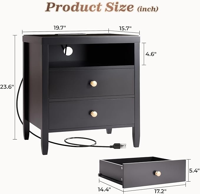 Huuger Nightstand with Charging Station, Bed Side Table - Image 2