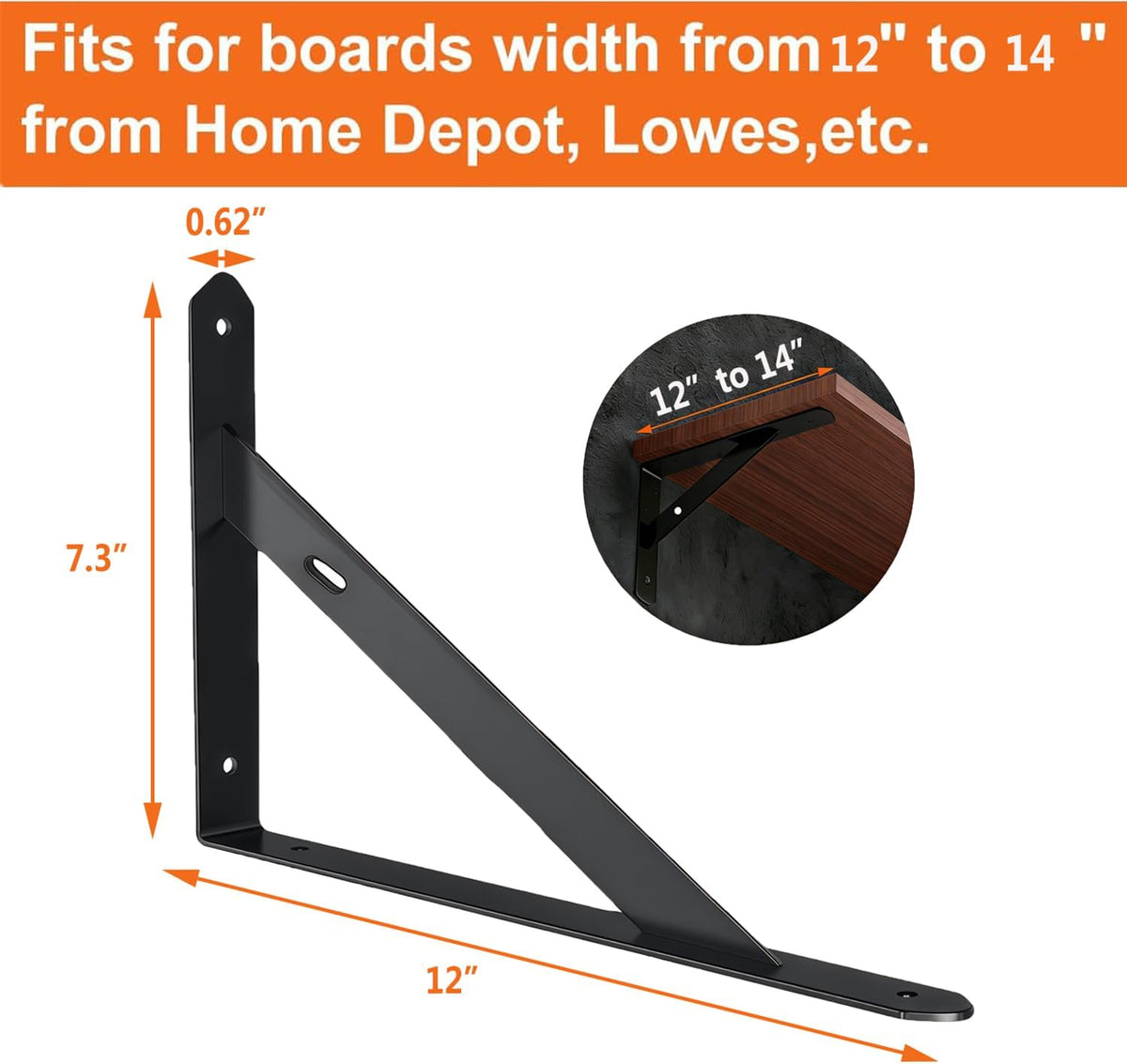 4 Pack Black Heavy Duty Shelf Brackets 12 x 7.3 inch with Screws,Metal
