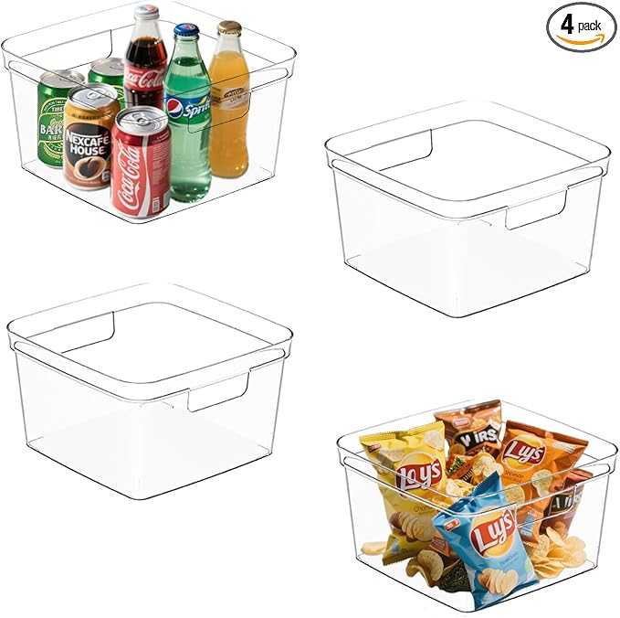 MOONEDGE 4-Pack Clear Plastic Storage Bins — Open-Top PET Organizers, Shelf and by MOONEDGE