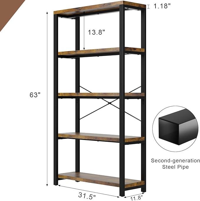 5-Tier Adjustable Heavy Duty Bookshelf, Industrial Wooden Open Storage Rack - Image 2