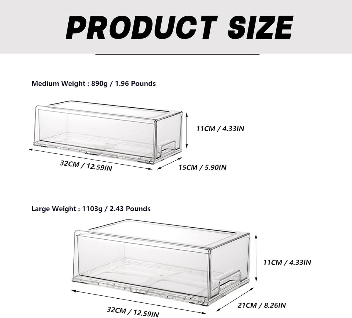 Stackable storage drawers, clear pull-out organizer with handles and