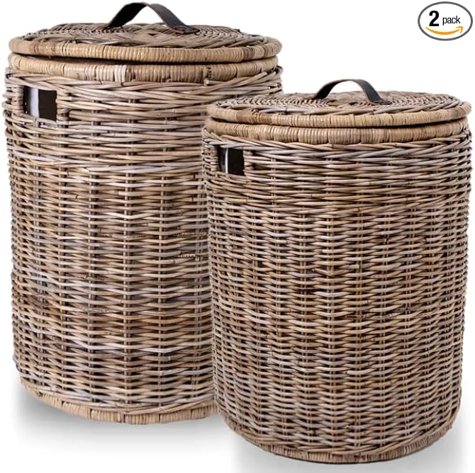 The Basket Lady Round Wicker Hamper | Wicker Laundry Hamper Nested Set of 2 by TheBasketLady