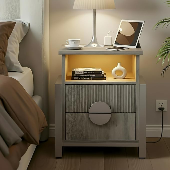 Fluted Nightstand with Charger Station Strip Lights, Large Accent Bed Side - Image 2