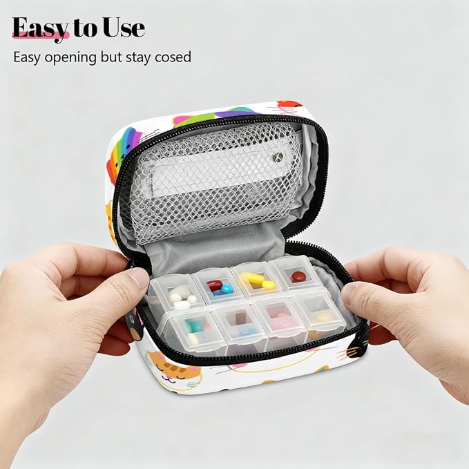 Colorful Hand Drawn Cat Pill Organizer Travel Medicine Case - Image 3