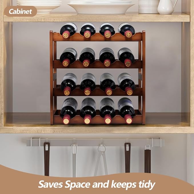 Bamboo Wine Rack, 4 Tier, Wine Bottle Holder, Hold 16 Bottles - Image 3