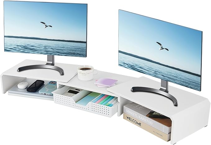Dual Monitor Stand Riser with Drawer, Desk Organizer and Accessories, Metal by RefinedOfficeEasyManagemen