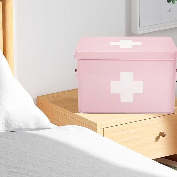 Flexzion First Aid Box Organizer Empty 13" Pink Vintage First Aid Kit Tin Metal - Image 6
