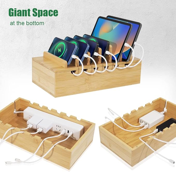 Bamboo Charging Station for Multiple Devices, Desk Docking Stations Organizer - Image 5