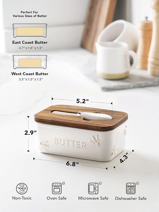LE TAUCI Butter Dish with Lid for Countertop, Ceramic Butter Container - Image 3